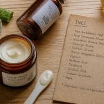 Crème visage bio : pot de crème sur table, texture et ingrédients