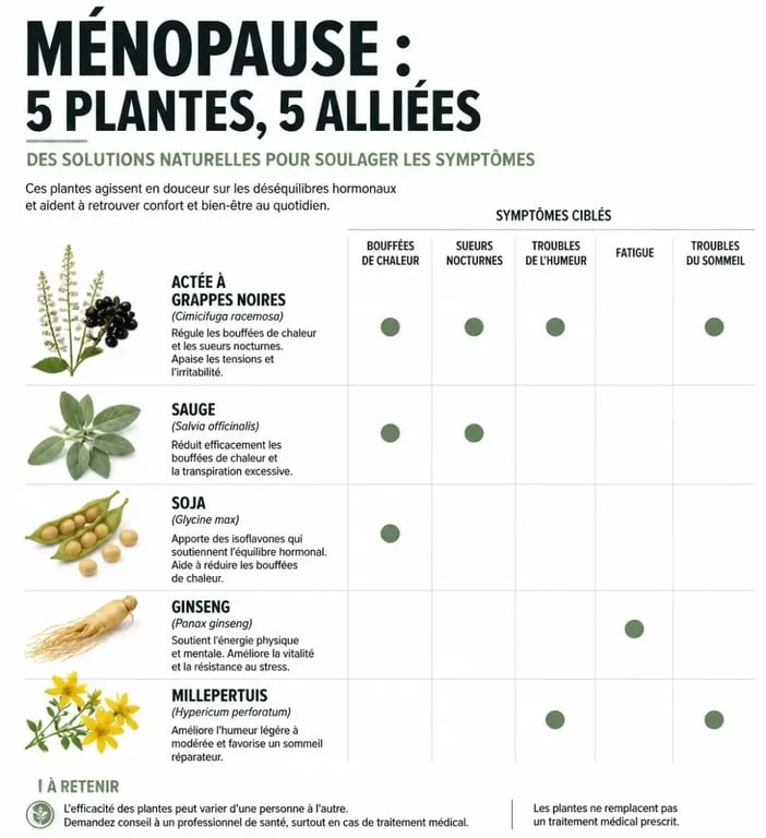 Infographie comparative des plantes et symptômes pour la phytothérapie ménopause