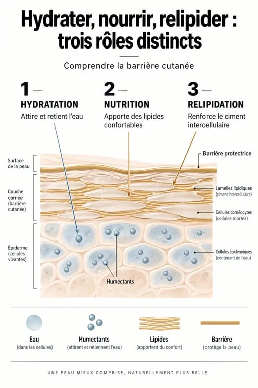 Infographie sur la crème visage bio : différence entre hydratation, nutrition et relipidation