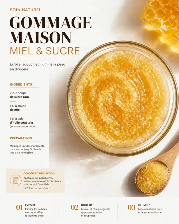 Recette de gommage naturel maison au miel et sucre pour le visage