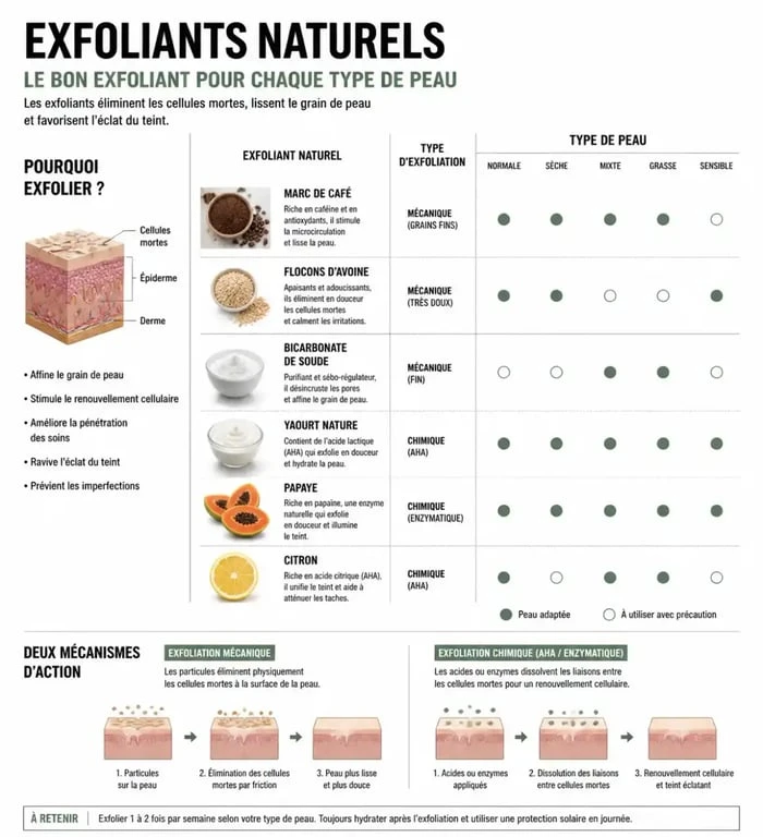 Infographie des exfoliants naturels adaptés à chaque type de peau