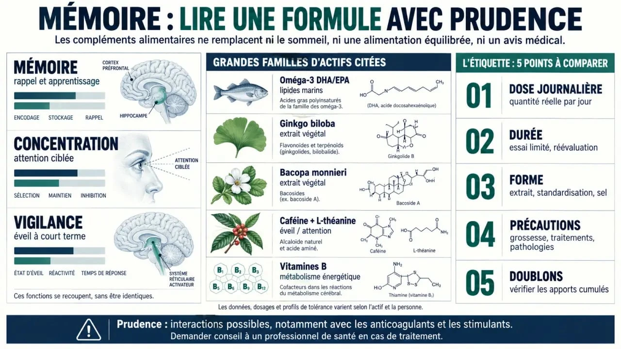 Infographie sur le complément alimentaire mémoire, les actifs et les critères de comparaison