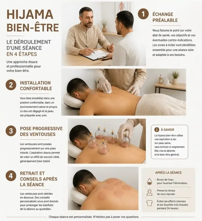 Déroulement d’une séance de hijama bien-être avant, pendant et après la pose des ventouses