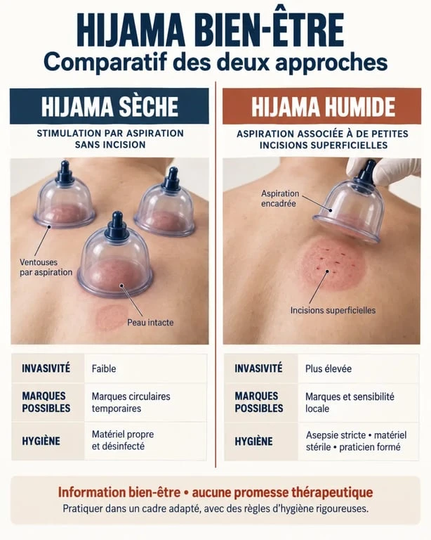 Comparatif hijama bien-être sèche et humide avec différences d’invasivité et de précautions