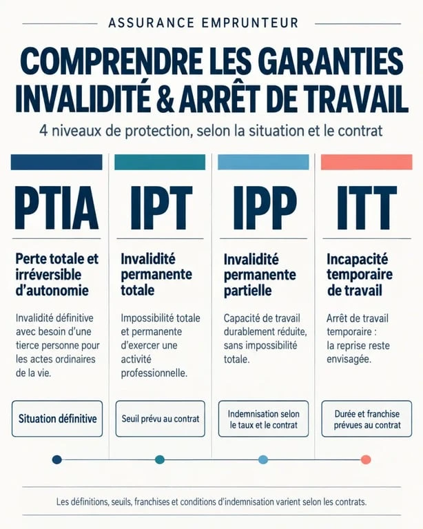 Infographie comparative de la perte totale et irréversible d’autonomie PTIA, de l’IPT, de l’IPP et de l’ITT