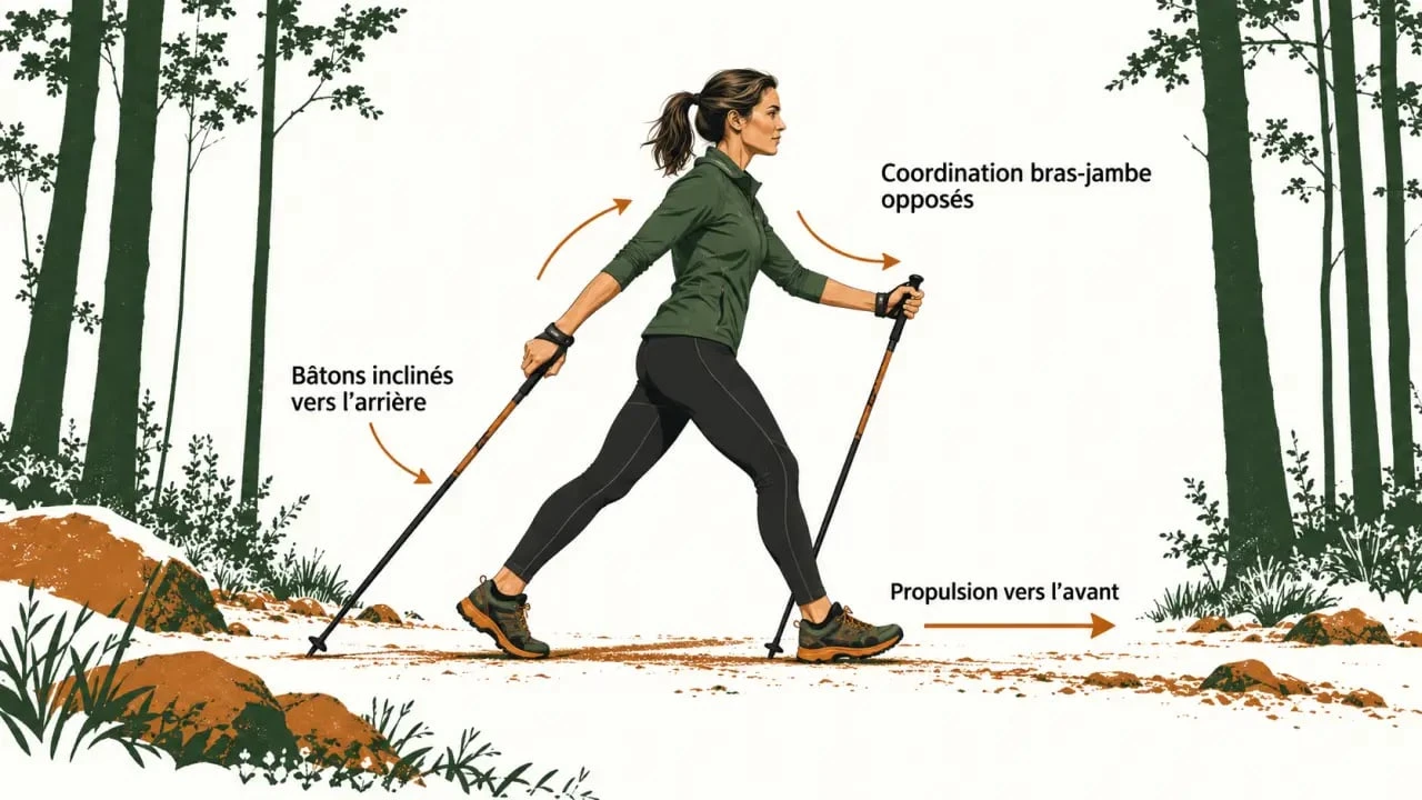 Sport nature santé : schéma de la coordination bras-jambe en marche nordique