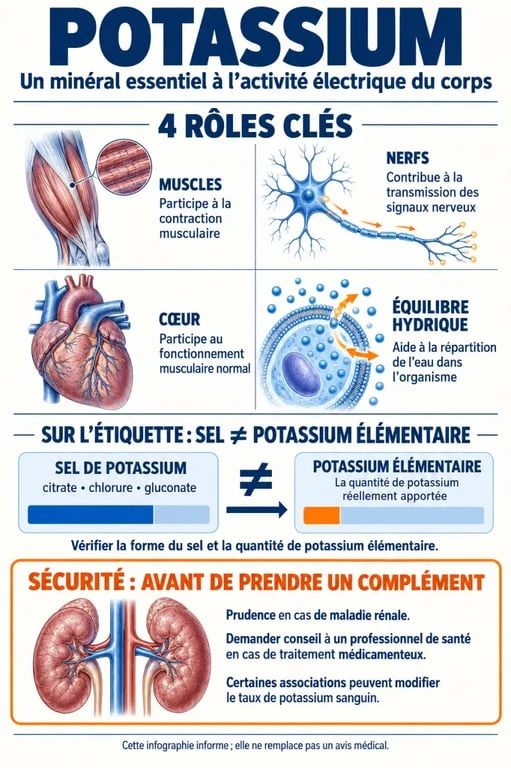 Infographie sur le complément alimentaire potassium, le potassium élémentaire et les précautions de sécurité
