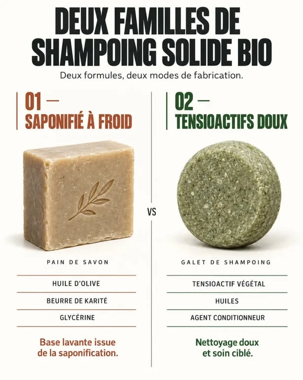 Comparaison savon-shampoing saponifié à froid et shampoing solide bio à tensioactifs doux