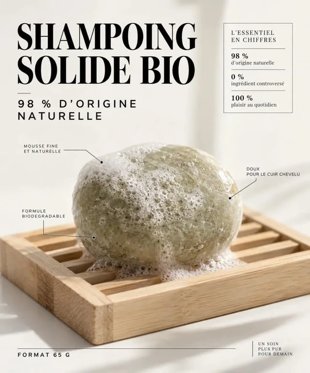 Savon shampoing solide bio posé sur un porte-savon aéré après utilisation