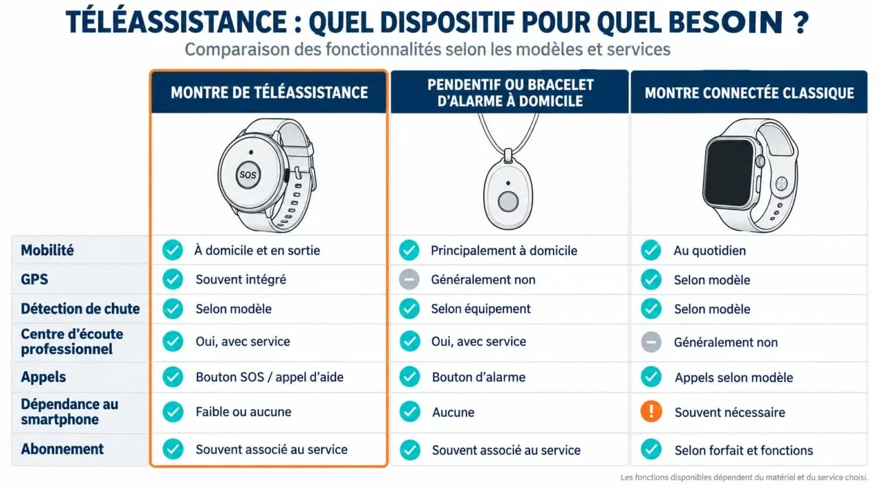 Montre de téléassistance senior comparée à une alarme à domicile et une montre connectée classique