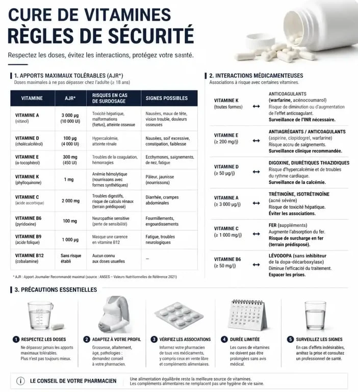 Règles de sécurité et dosages pour une cure de vitamines en pharmacie