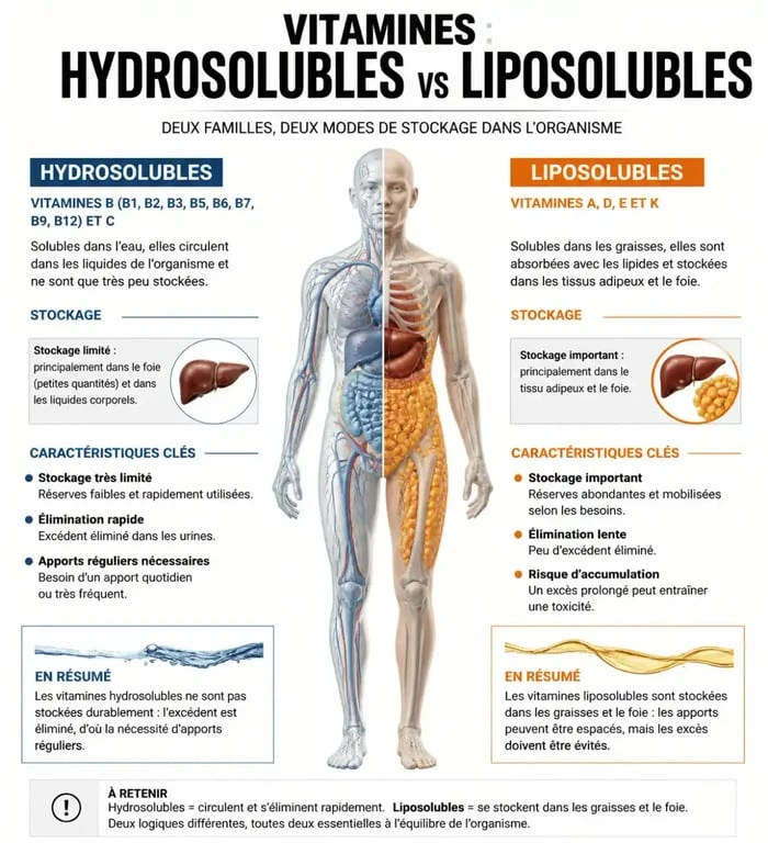 Infographie sur les vitamines hydrosolubles et liposolubles pour une cure de vitamines en pharmacie
