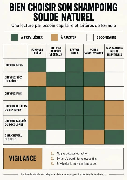 Shampoing solide naturel : critères de choix selon le type de cheveux et la sensibilité du cuir chevelu