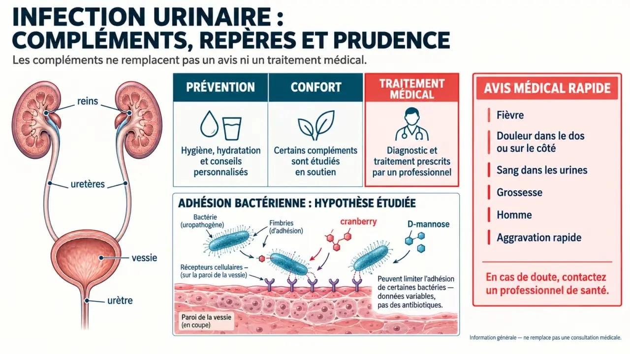 Schéma sur le complément alimentaire contre l’infection urinaire : prévention, confort, limites et signes nécessitant une consultation