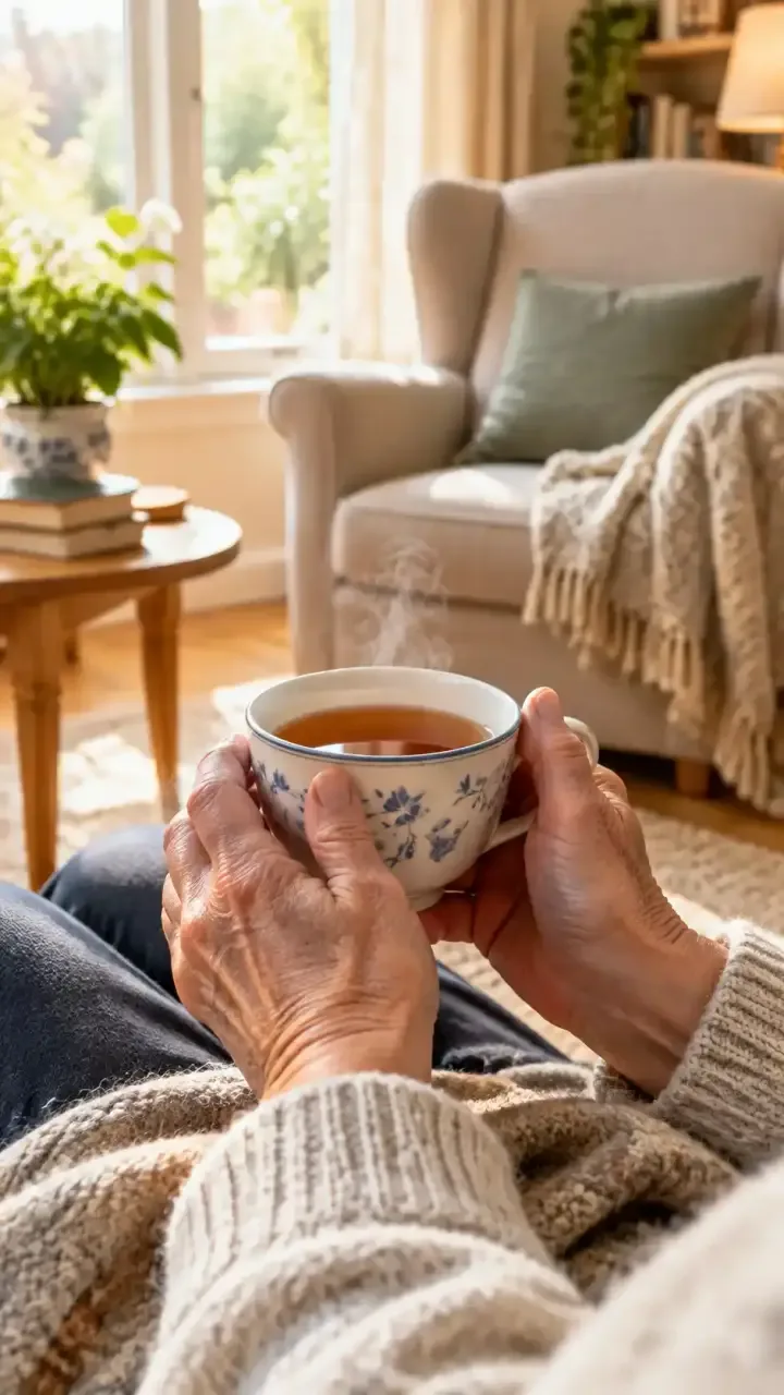 Mains tenant une tasse devant un fauteuil dans une pièce lumineuse