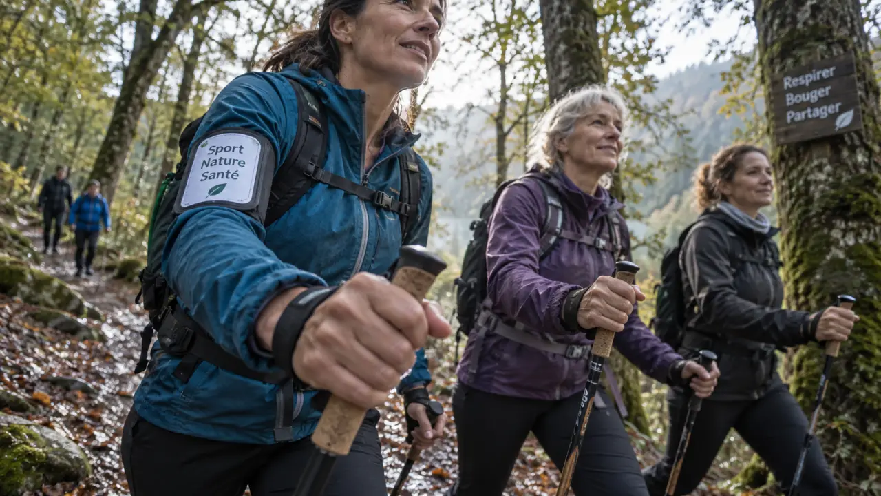 Sport nature santé : marche nordique en forêt avec coach