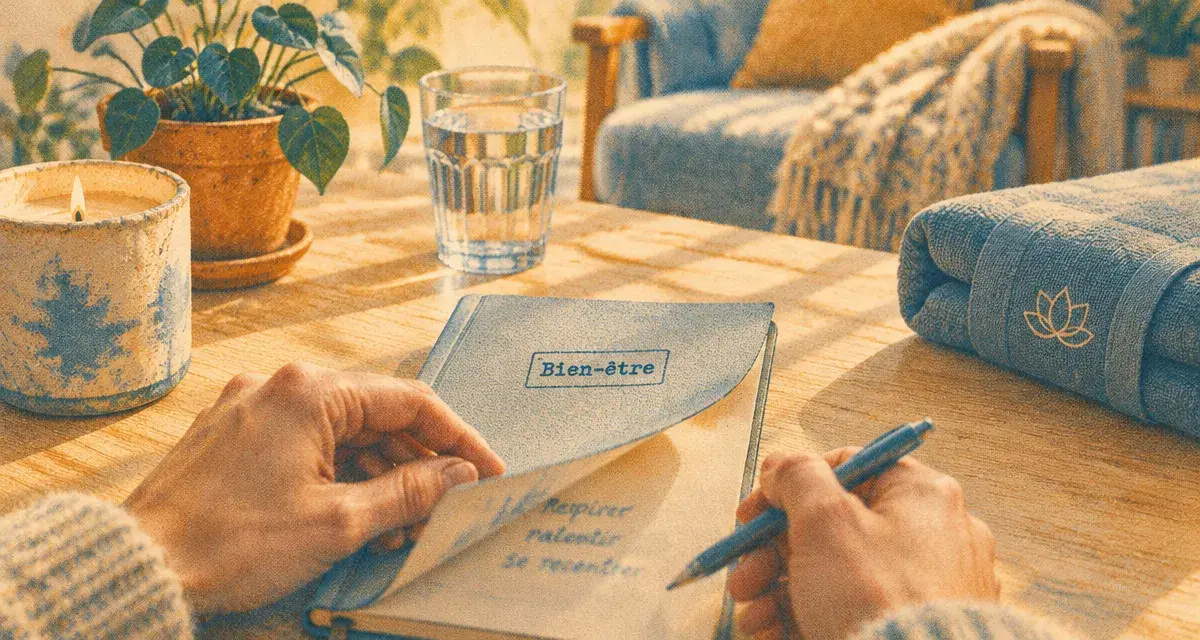 Alternatif bien être : bougie, carnet, eau et yoga sur table bois