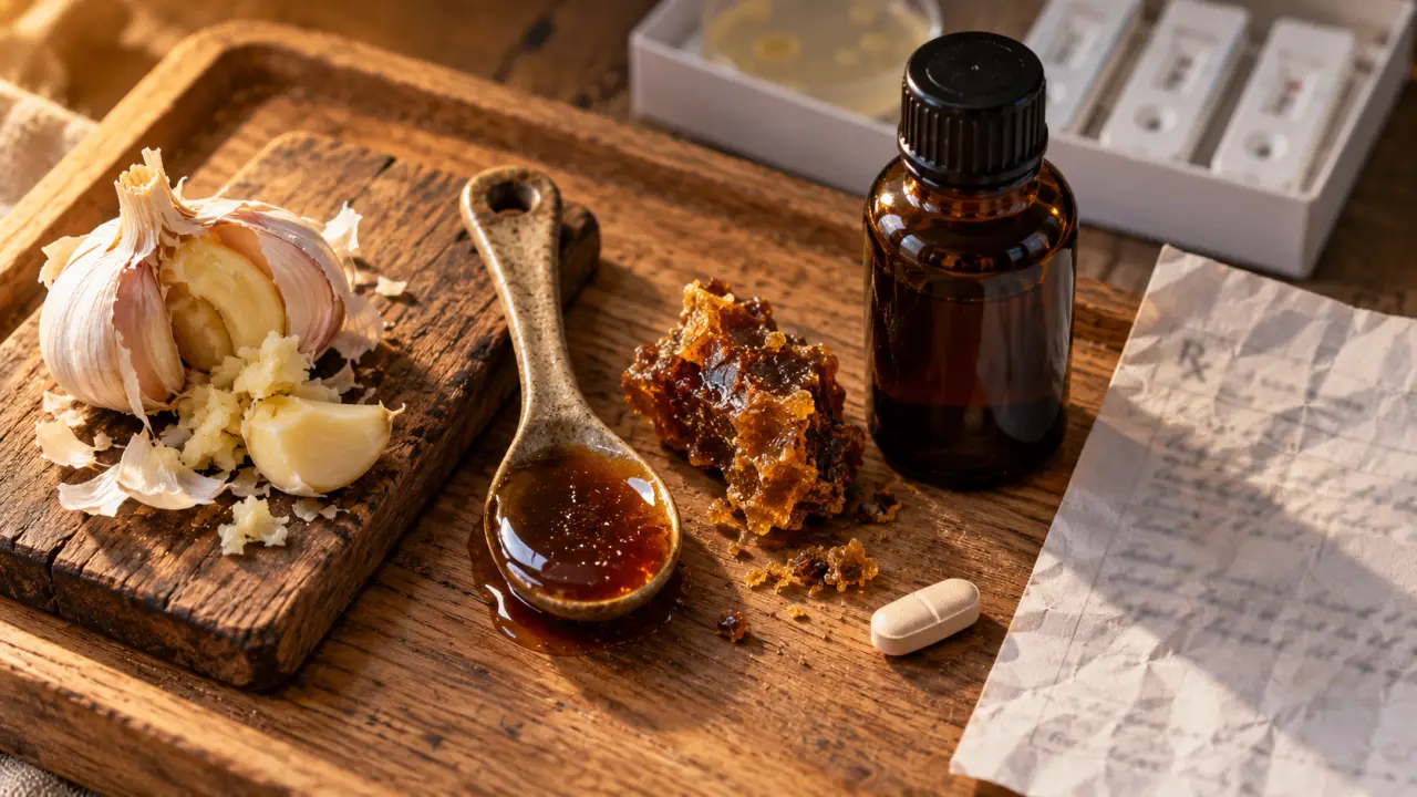 Antibiotique naturels : ail, miel et propolis en flacon
