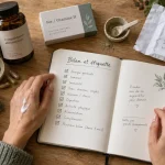 Compléments alimentaires femme : bilan et étiquette, flacon et test sanguin