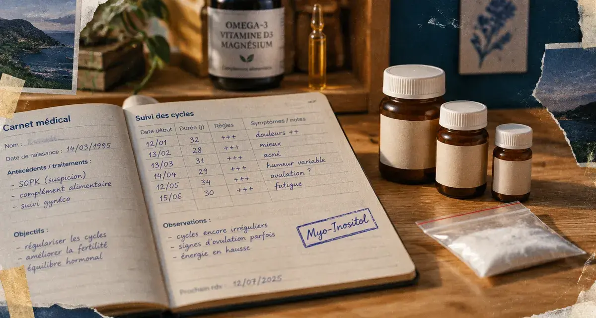 Compléments alimentaires sopk : inositol, carnet et piluliers