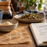 Dopamine complément alimentaire : gélule sur table, sommeil et alimentation