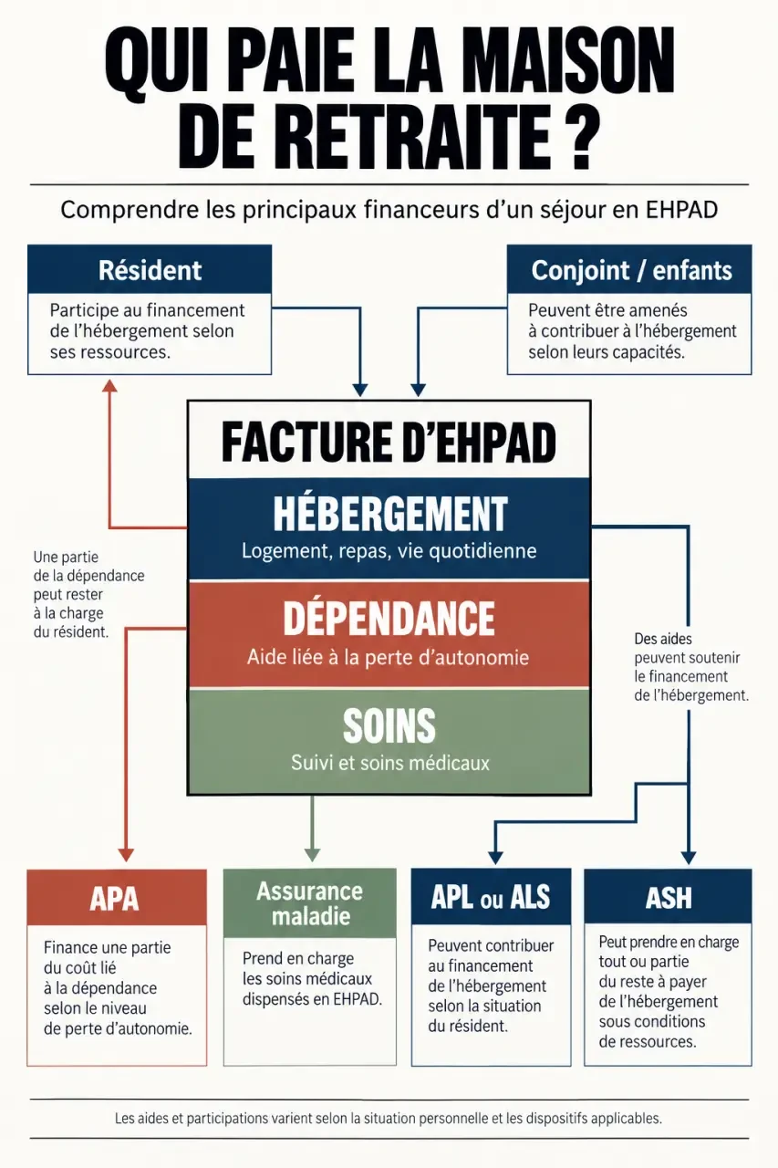 Infographie expliquant qui paie la maison de retraite et la répartition des frais d’un EHPAD
