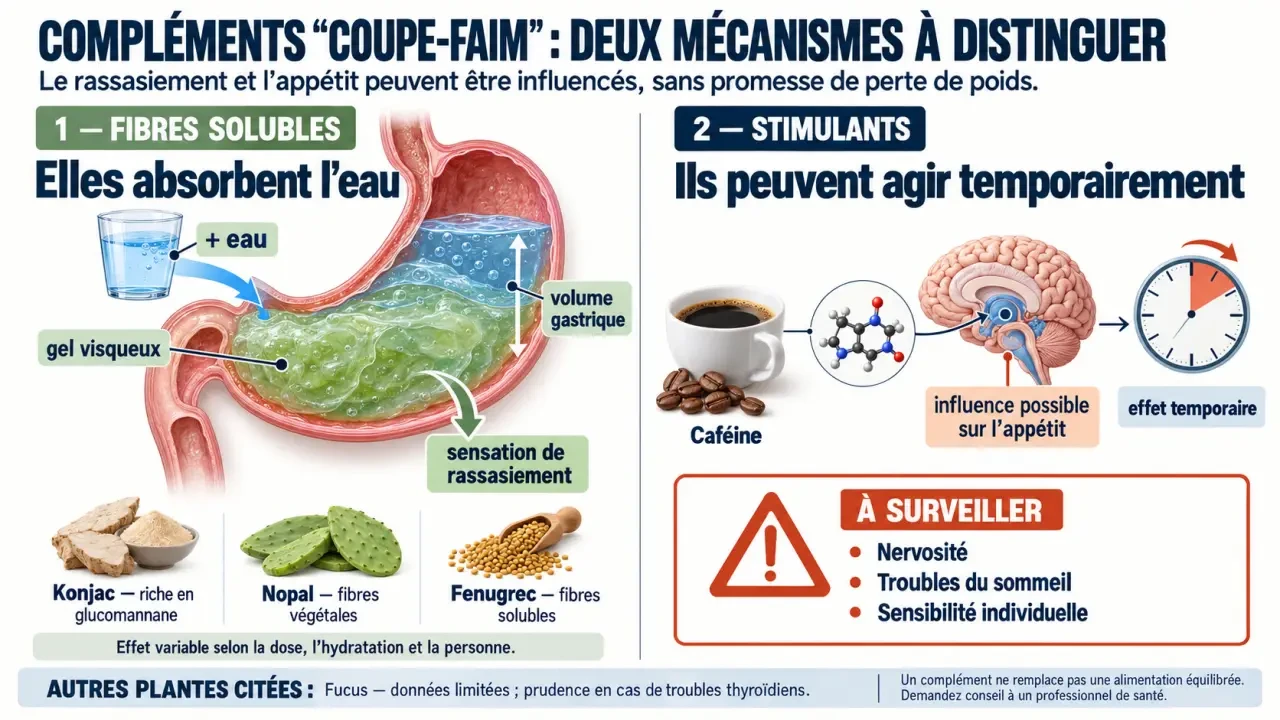 Infographie sur le complément alimentaire coupe-faim et les mécanismes des fibres et stimulants