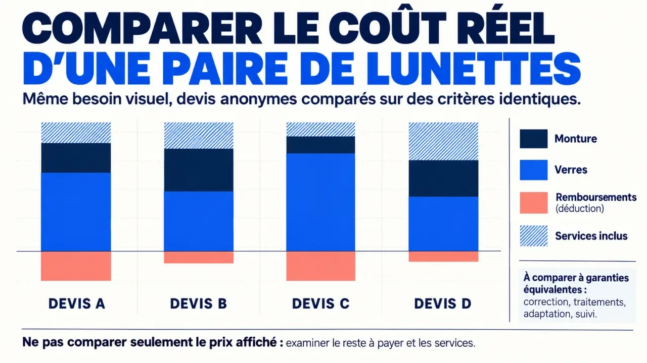 Infographie pour trouver un opticien le moins cher en comparant le reste à charge