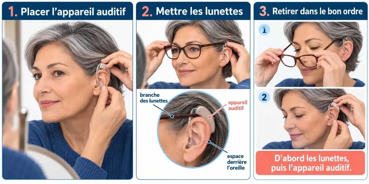 Illustration montrant comment mettre des appareils auditifs avec des lunettes dans le bon ordre