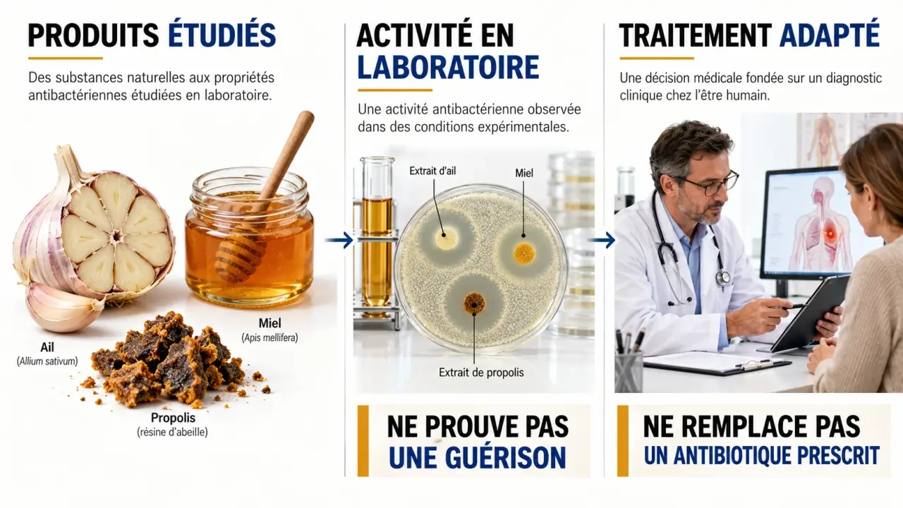 Antibiotique naturels : distinction entre activité antibactérienne en laboratoire et traitement médical validé