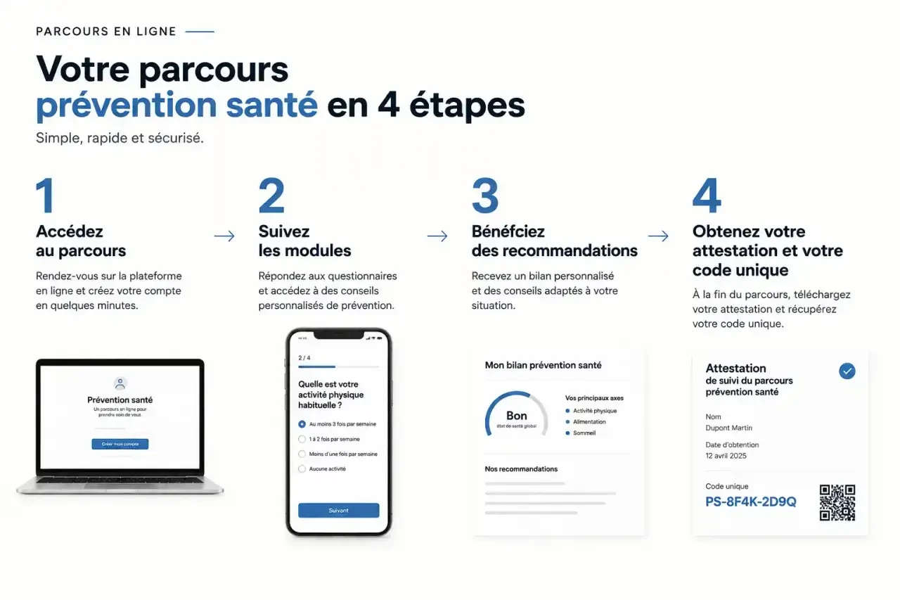 Les quatre étapes du parcours prévention santé (PPS) jusqu'à l'attestation et au code unique