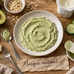 Masque naturel pour le visage : avocat, banane, yaourt sur table en bois